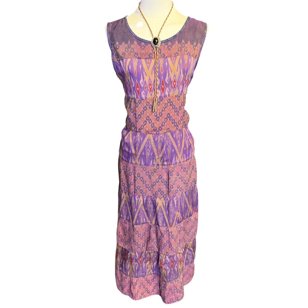 Ikat Midi Dress Womens M Purple Good Boho Tiered Sleeveless Chevron